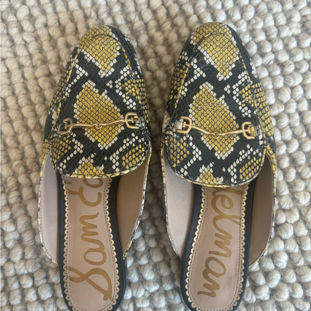 Sam Edelman Yellow and Black Mules with Snake Print